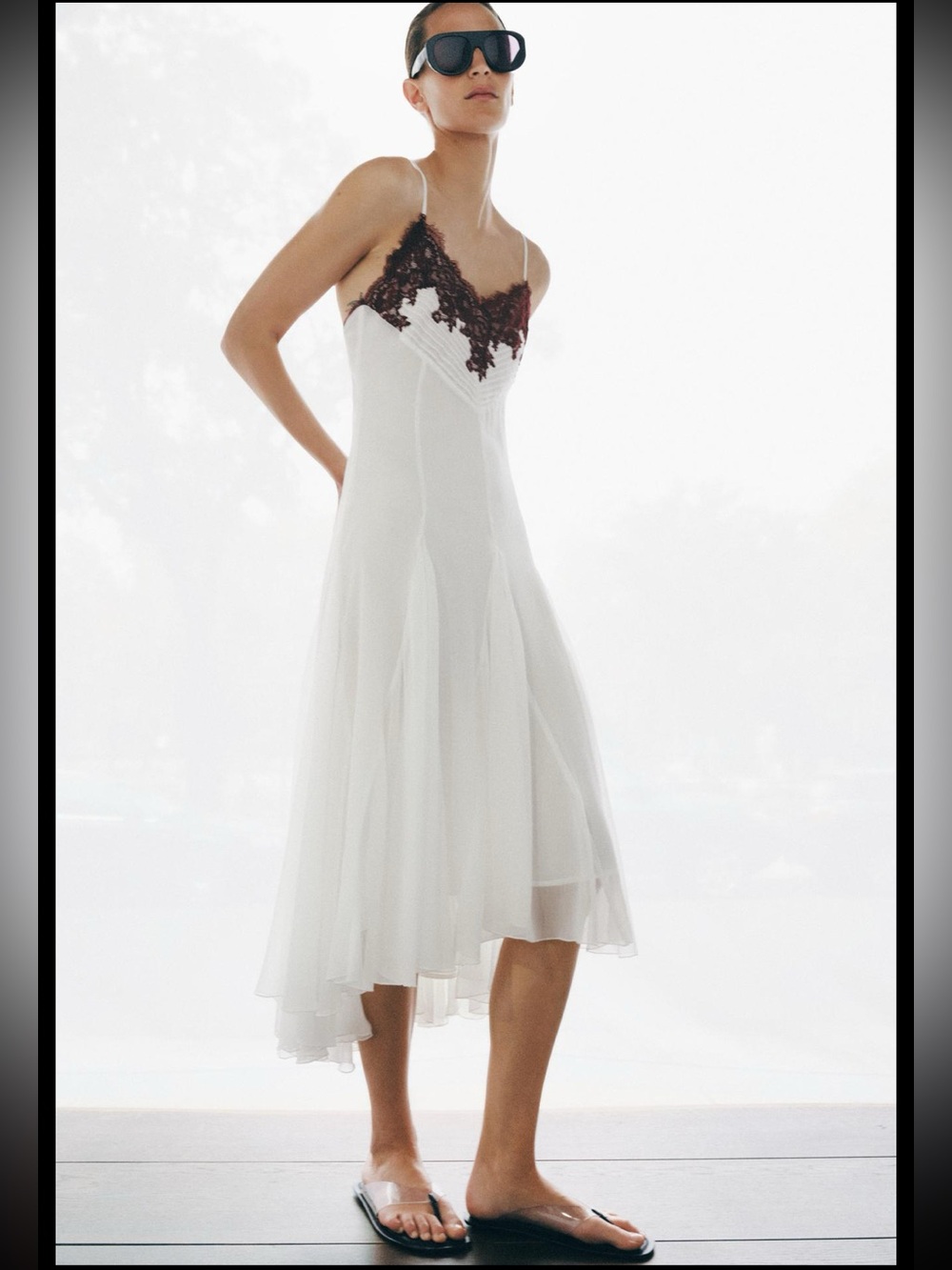 Zara White Maxi Slip Dress with Black Lace Accents